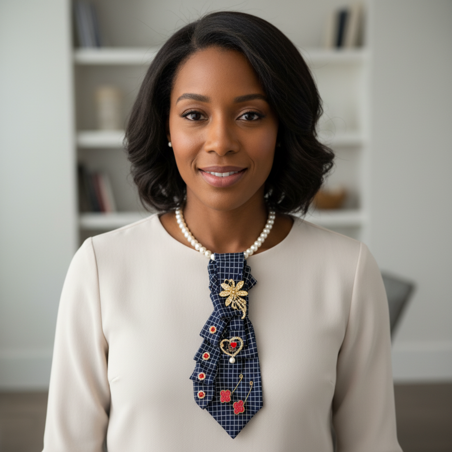 Navy Grid Tie Necklace | Dragonfly and Charm Statement Tie Necklace