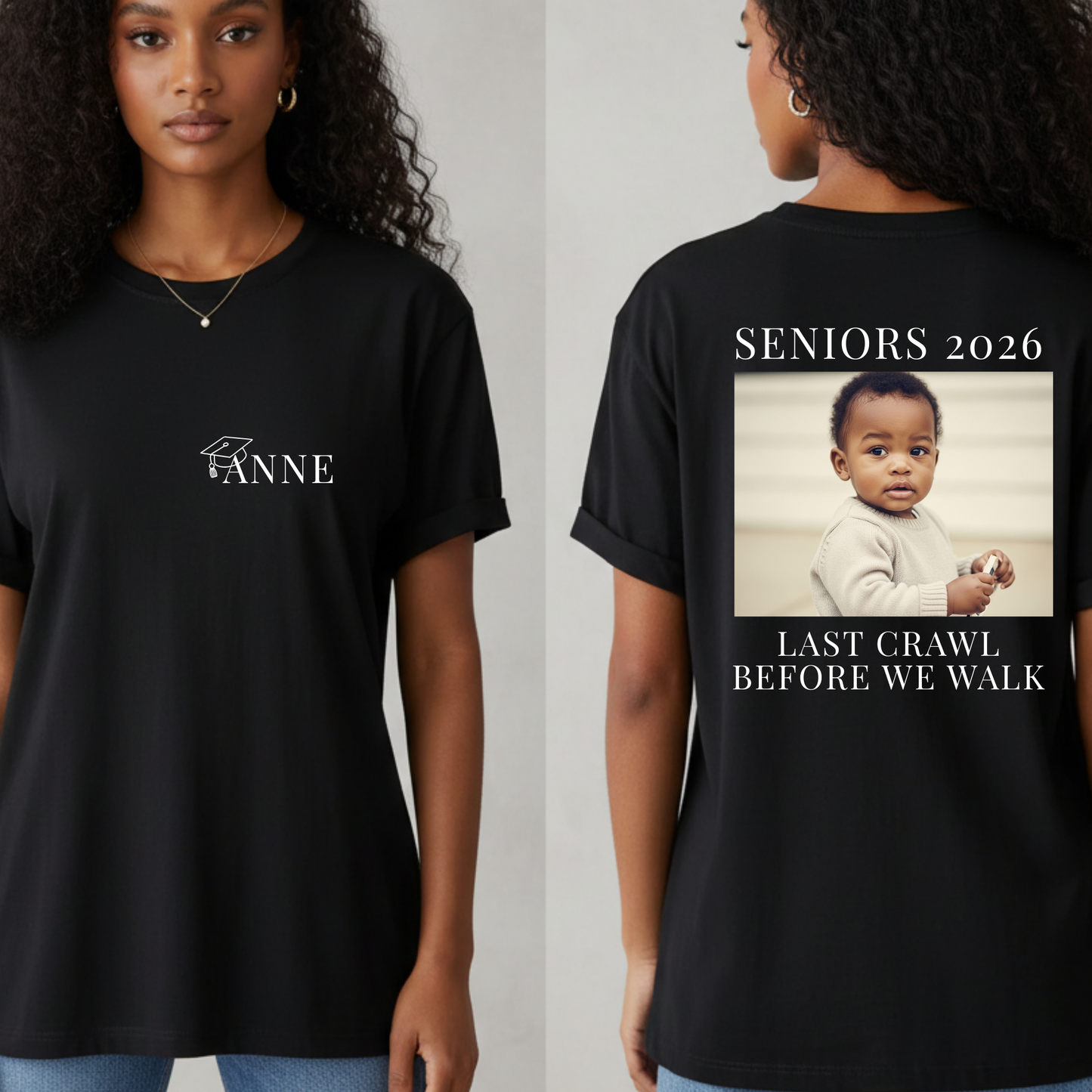 College Senior Bar Crawl Shirt 2026 - Personalized Last Crawl Before We Walk Graduation Tee with Name & Baby Photo"