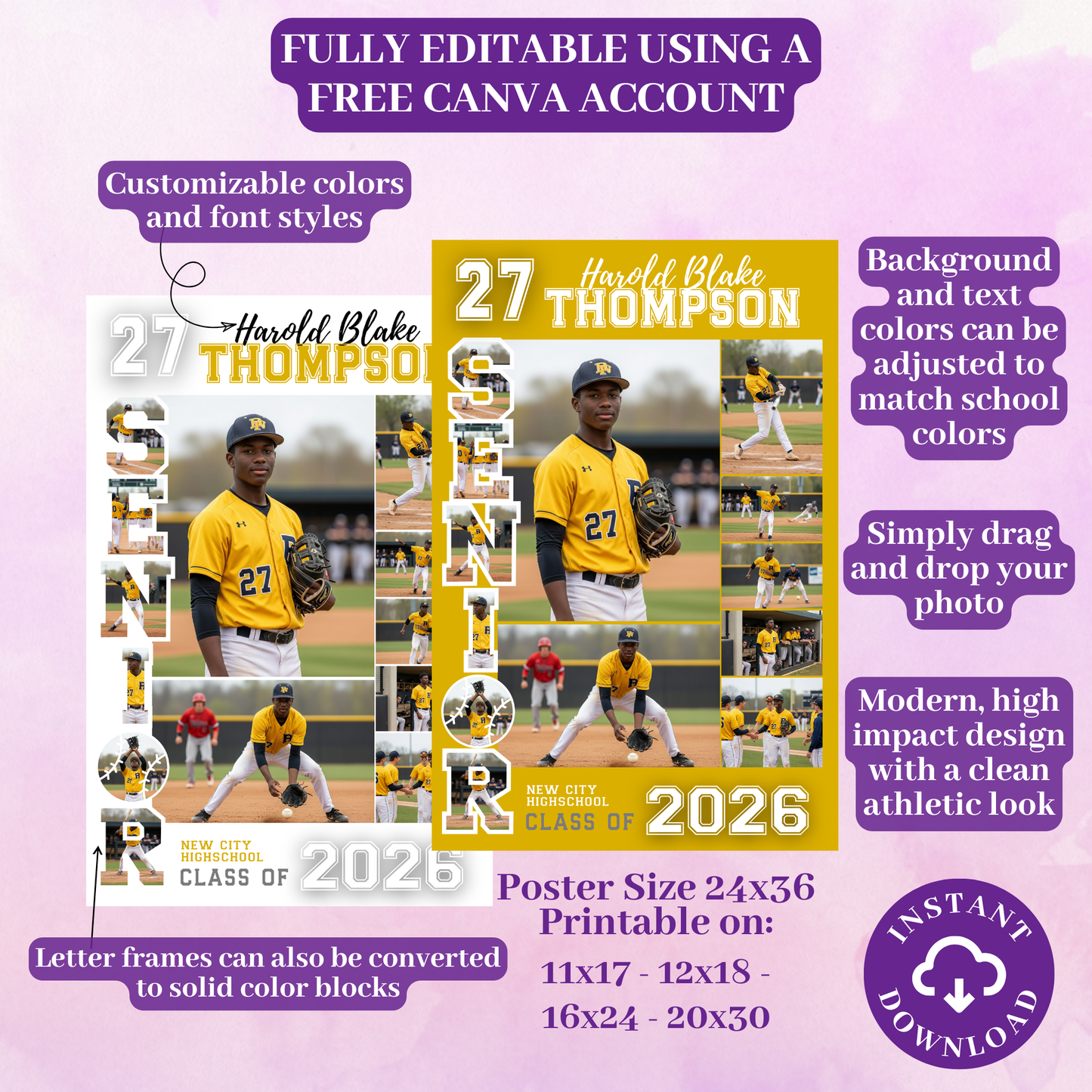 Senior Night Baseball Poster Template - Digital Download Customizable Senior Baseball Poster