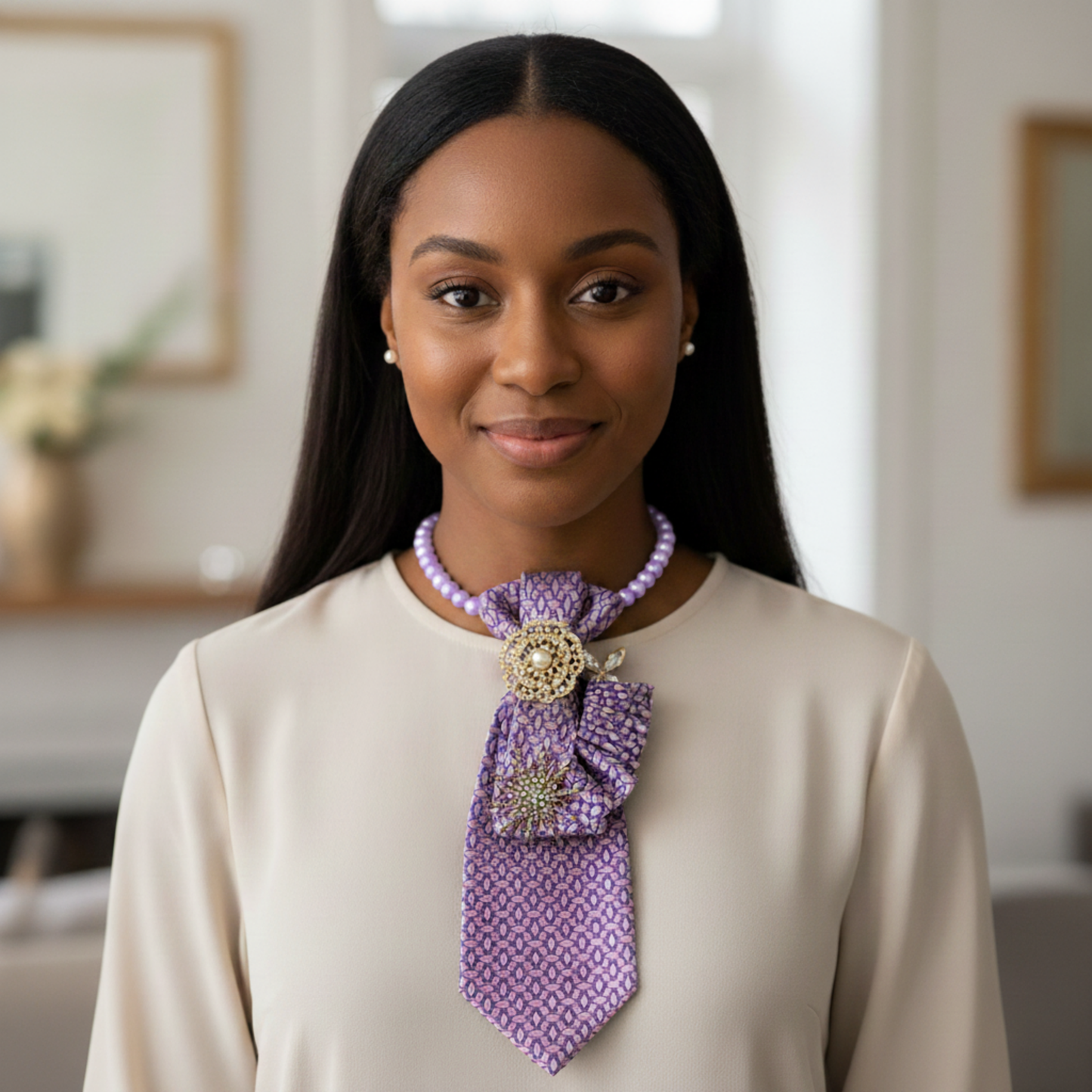 Lilac Crystal Tie Necklace | Gold Brooch Accessory