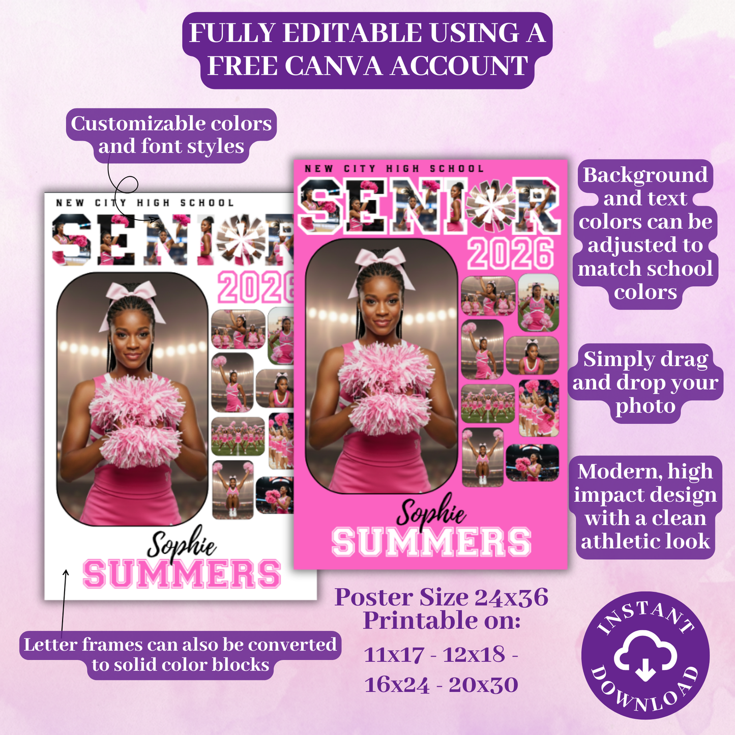 Senior Night Cheerleading Poster Template - Digital Download Customizable Senior Cheerleading Poster