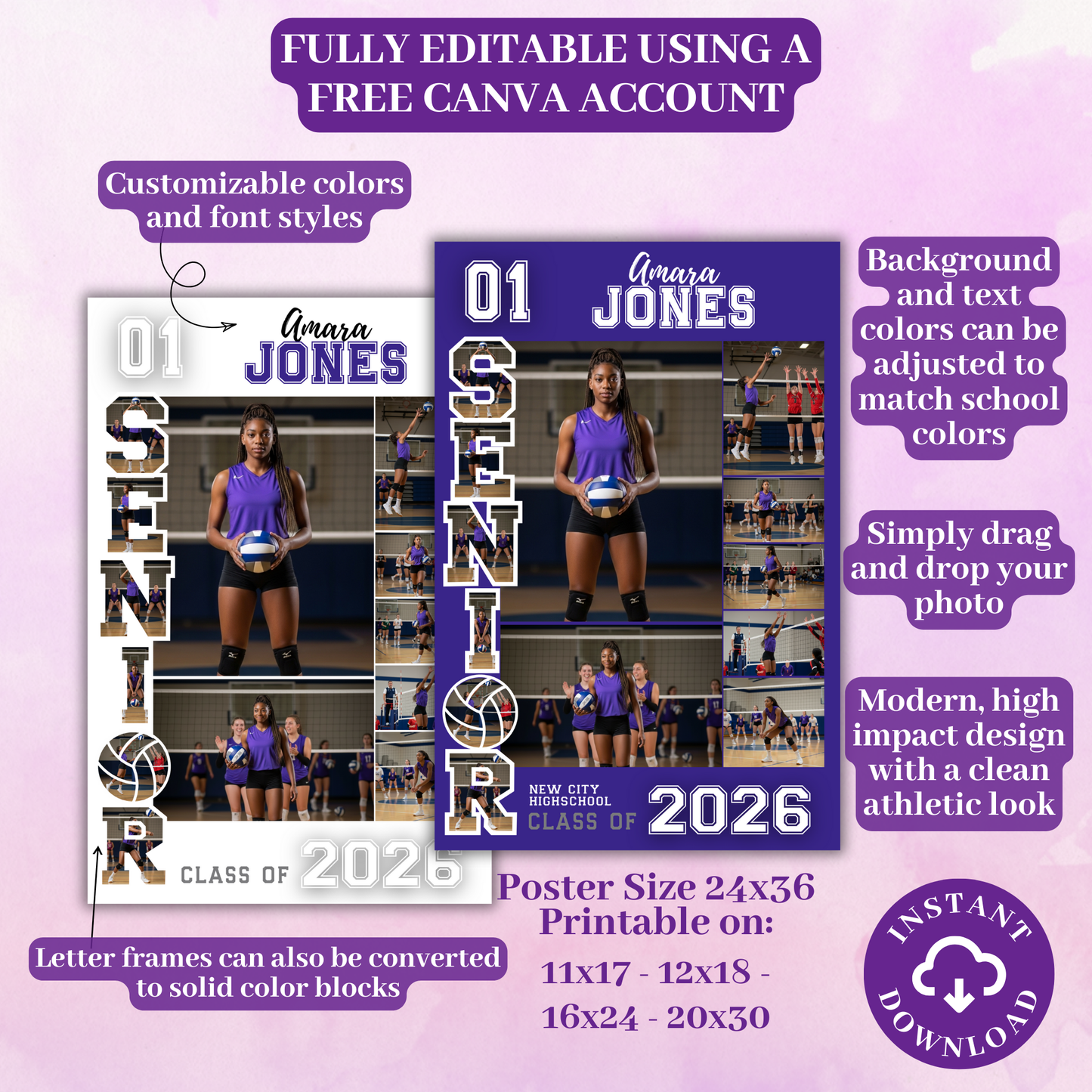 Senior Night Volleyball Poster Template - Digital Download Customizable Senior Volleyball Poster