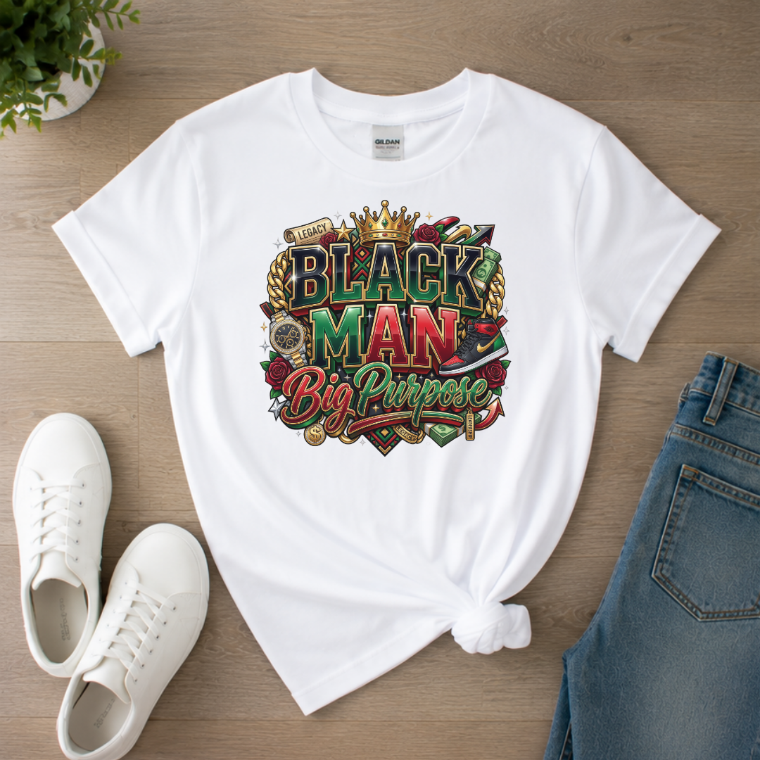 Black Man Big Purpose T-Shirt | Black Men Legacy Pride Graphic Tee Crown Roses Shirt