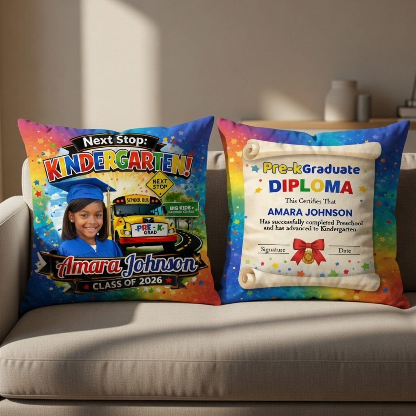 Personalized Double-Sided Pillow Pre-K Graduation Next Stop Kindergarten
