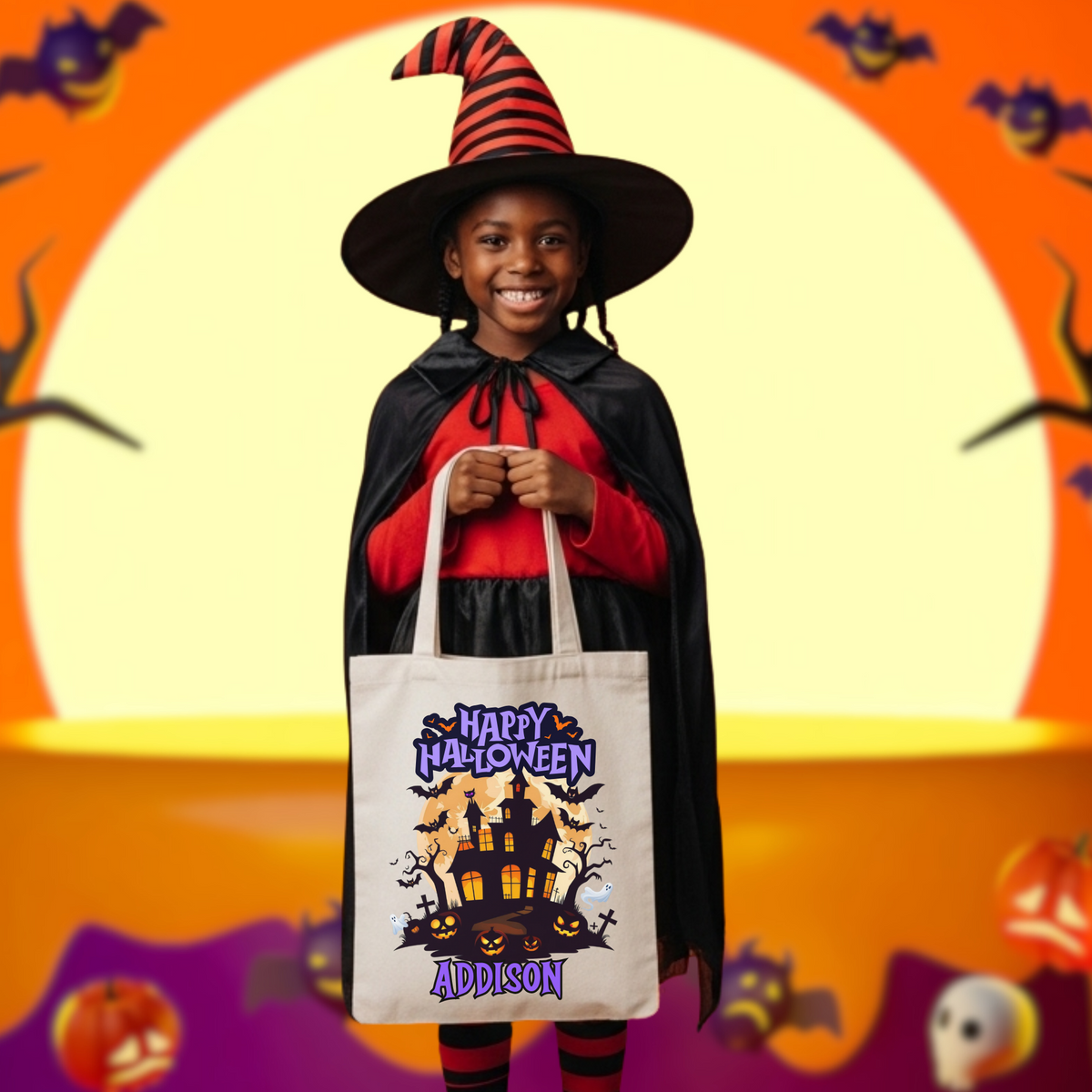 Personalized Halloween Tote Bag – Custom Trick or Treat Candy Bag for Kids | Cute Ghost Pumpkin Design with Name
