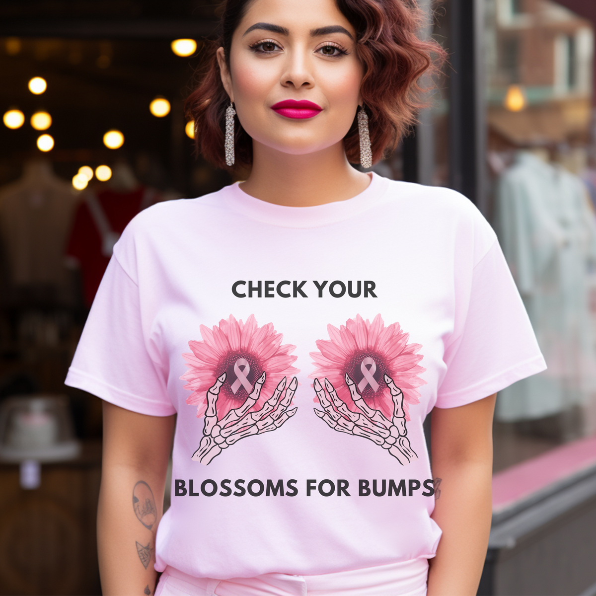 Breast Cancer Awareness T-Shirt Check the Roots Pink Ribbon Flower Design | Gildan Softstyle Tee