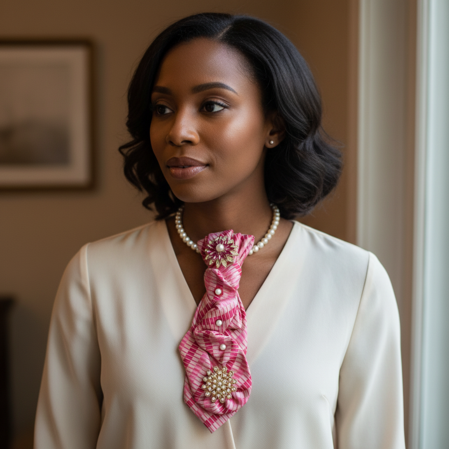 Pink Crystal Tie Necklace with Gold Brooch & Pearls