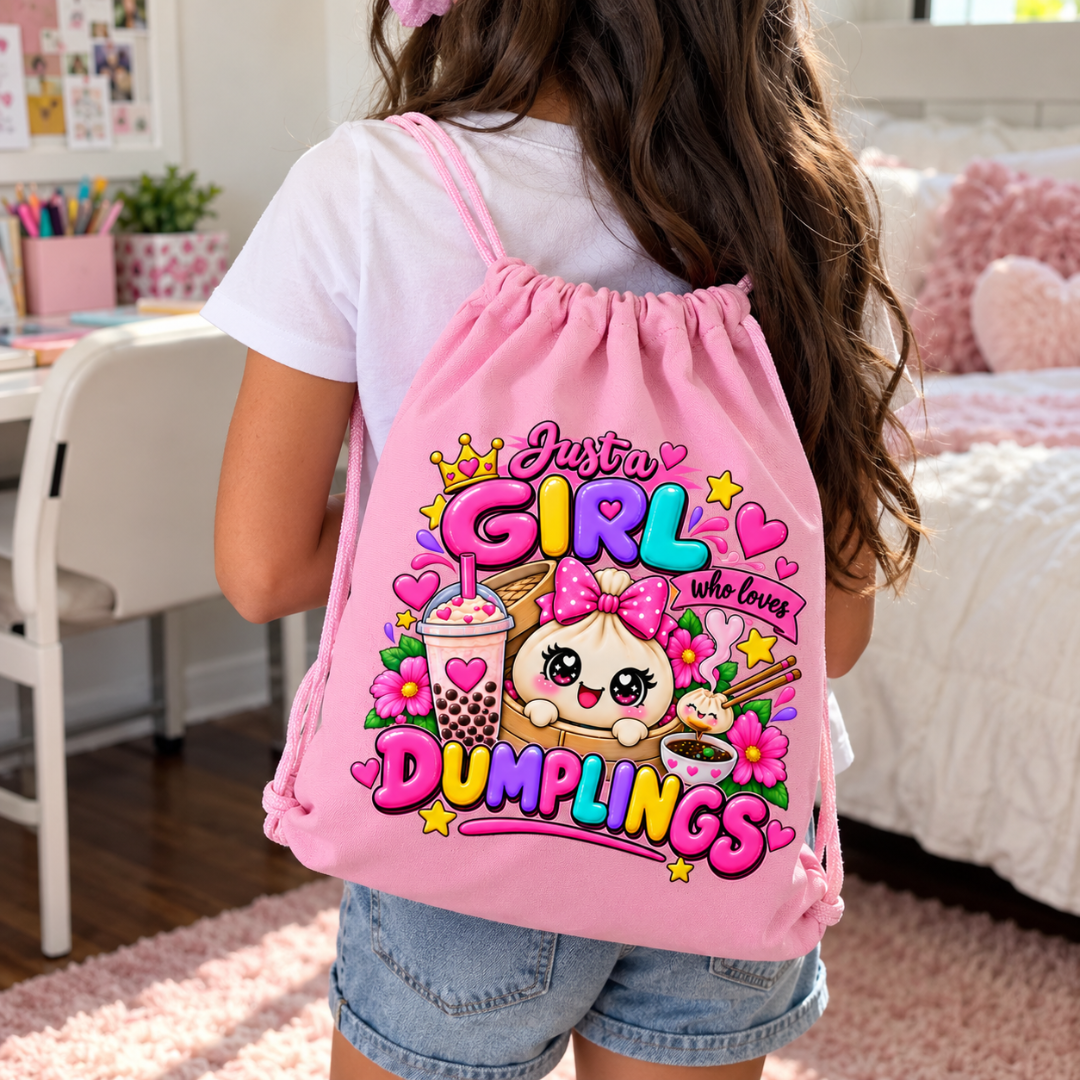 Girls drawstring bag with Just a Girl Who Loves Dumplings design worn as a backpack
