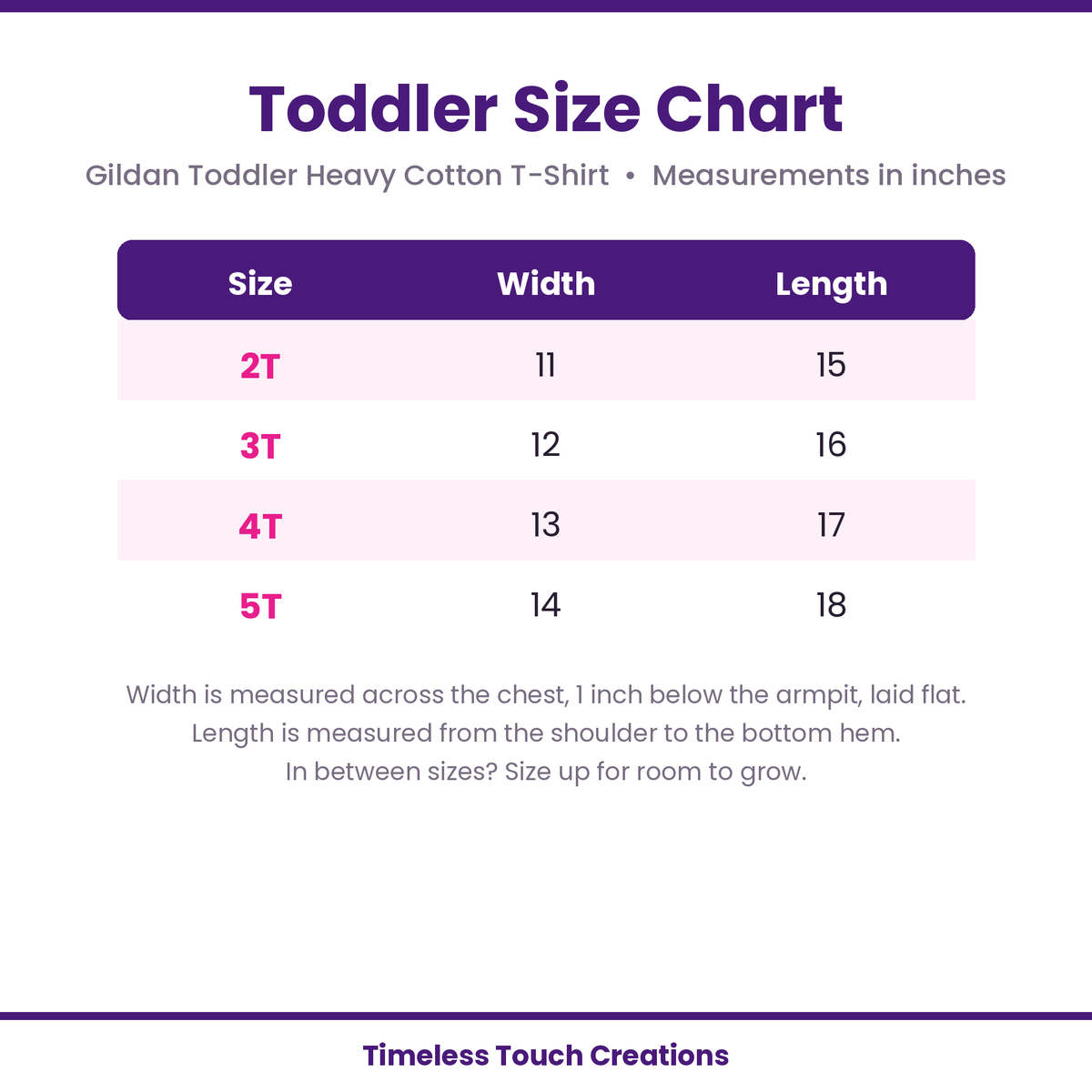 Toddler shirt size chart, sizes 2T to 5T