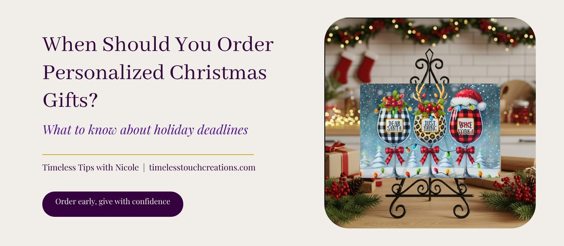 When should you order personalized Christmas gifts? Timeless Tips with Nicole, featuring a personalized Christmas glass cutting board