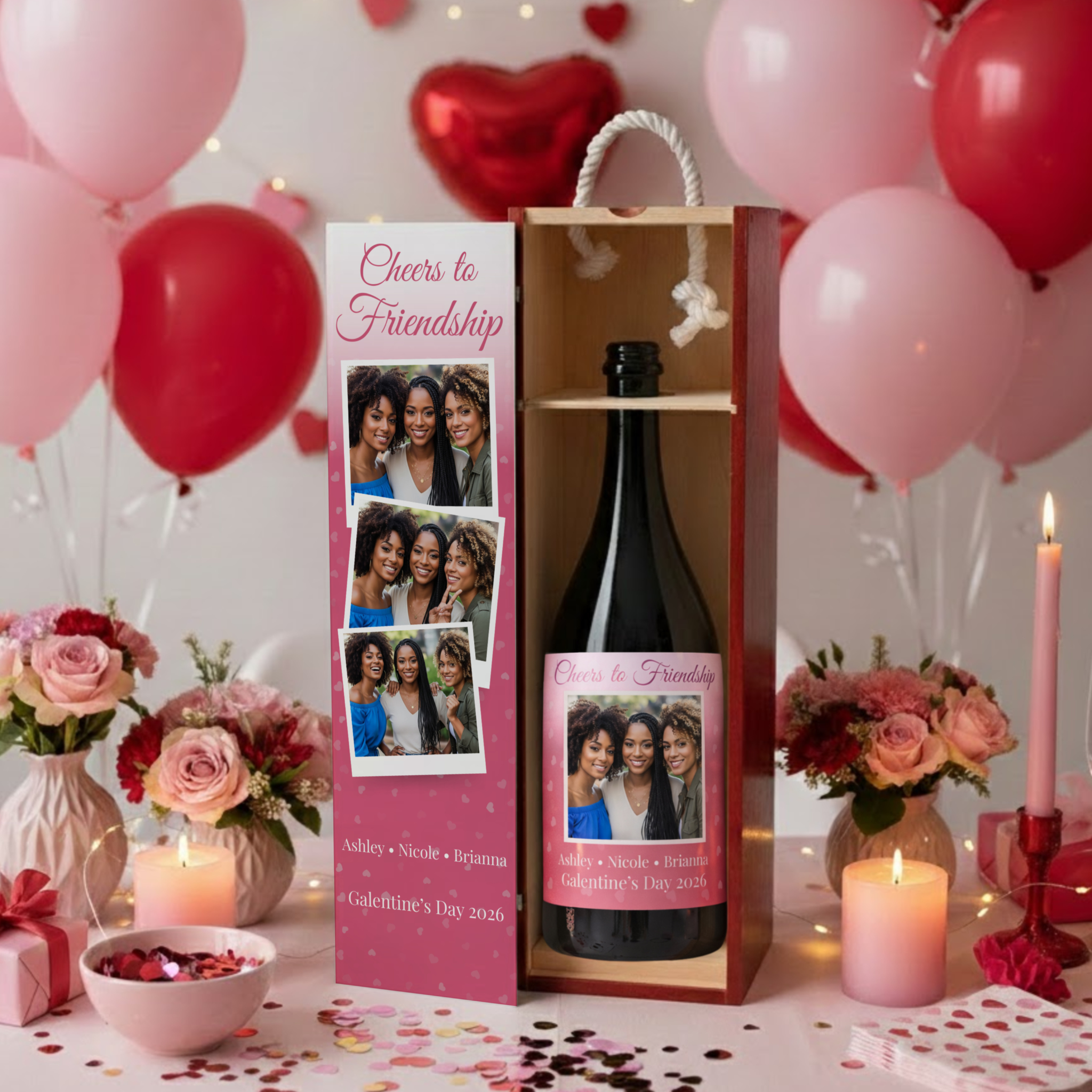Personalized Galentines Wine Gift Set - Friends Bundle with Wine Box, Label & Glasses