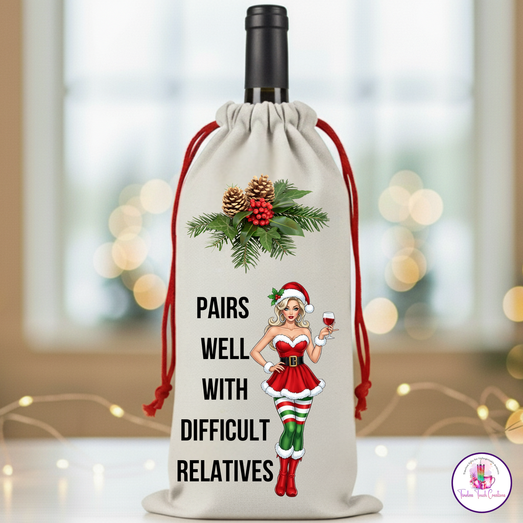 Christmas Wine Gift Bag – Holiday Santa and Festive Designs, Reusable Drawstring Wine Bottle Holder, Perfect for Gifting and Parties