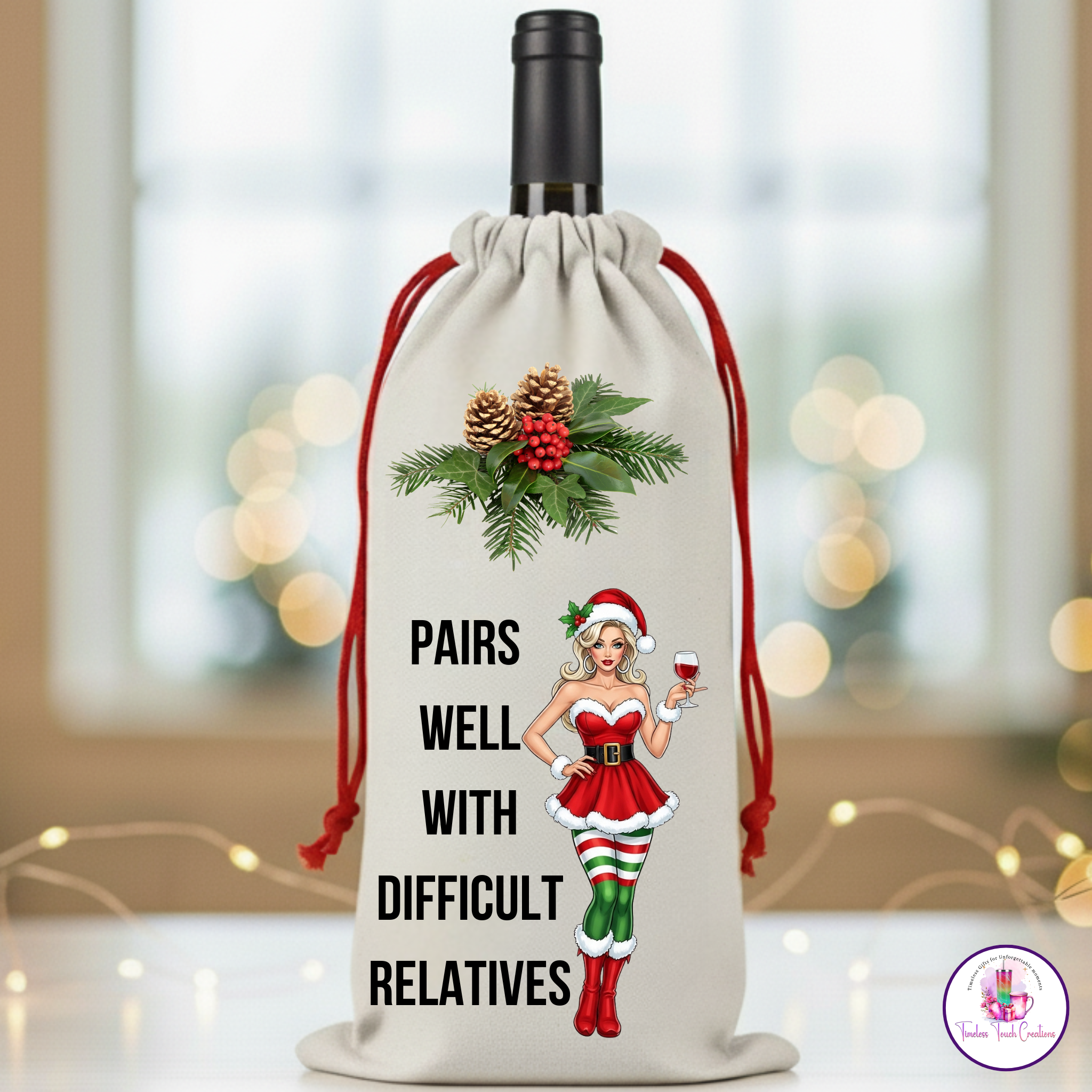 Christmas Wine Gift Bag – Holiday Santa and Festive Designs, Reusable Drawstring Wine Bottle Holder, Perfect for Gifting and Parties