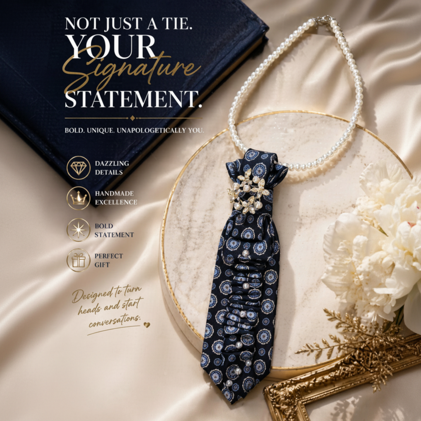 Navy Pearl Tie Necklace | Pearl Cluster Brooch