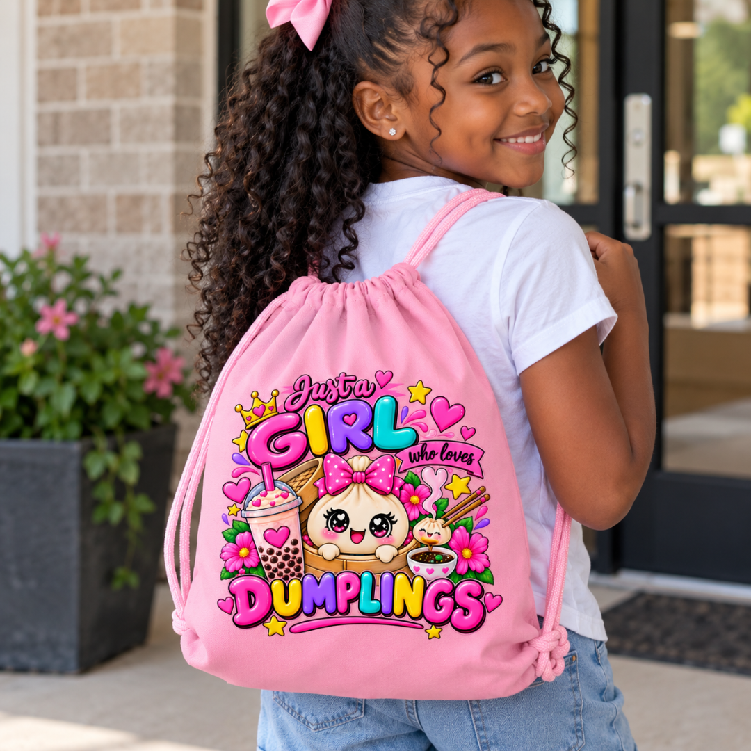 Girl wearing the pink dumpling drawstring bag
