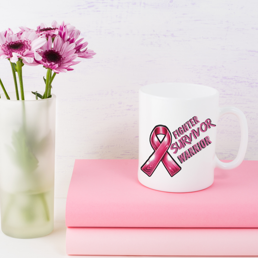 Breast Cancer Awareness Mug Fighter Survivor Warrior Pink Ribbon Design | Ceramic Coffee Cup 11oz and 15oz