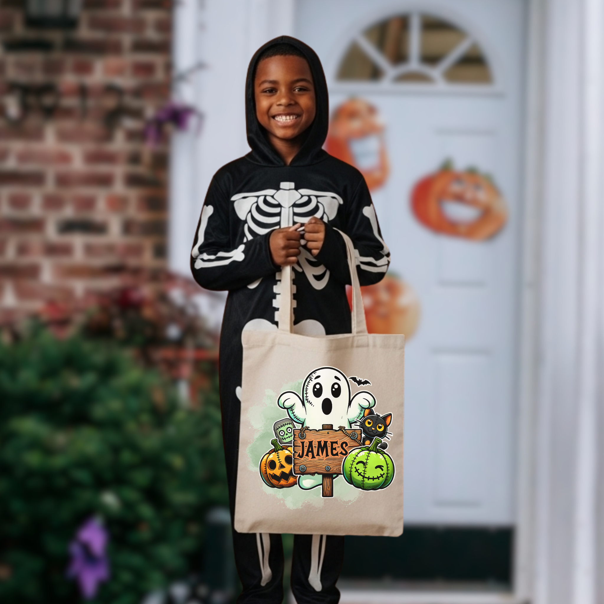 Personalized Halloween Tote Bag – Custom Trick or Treat Candy Bag for Kids | Cute Ghost Pumpkin Design with Name