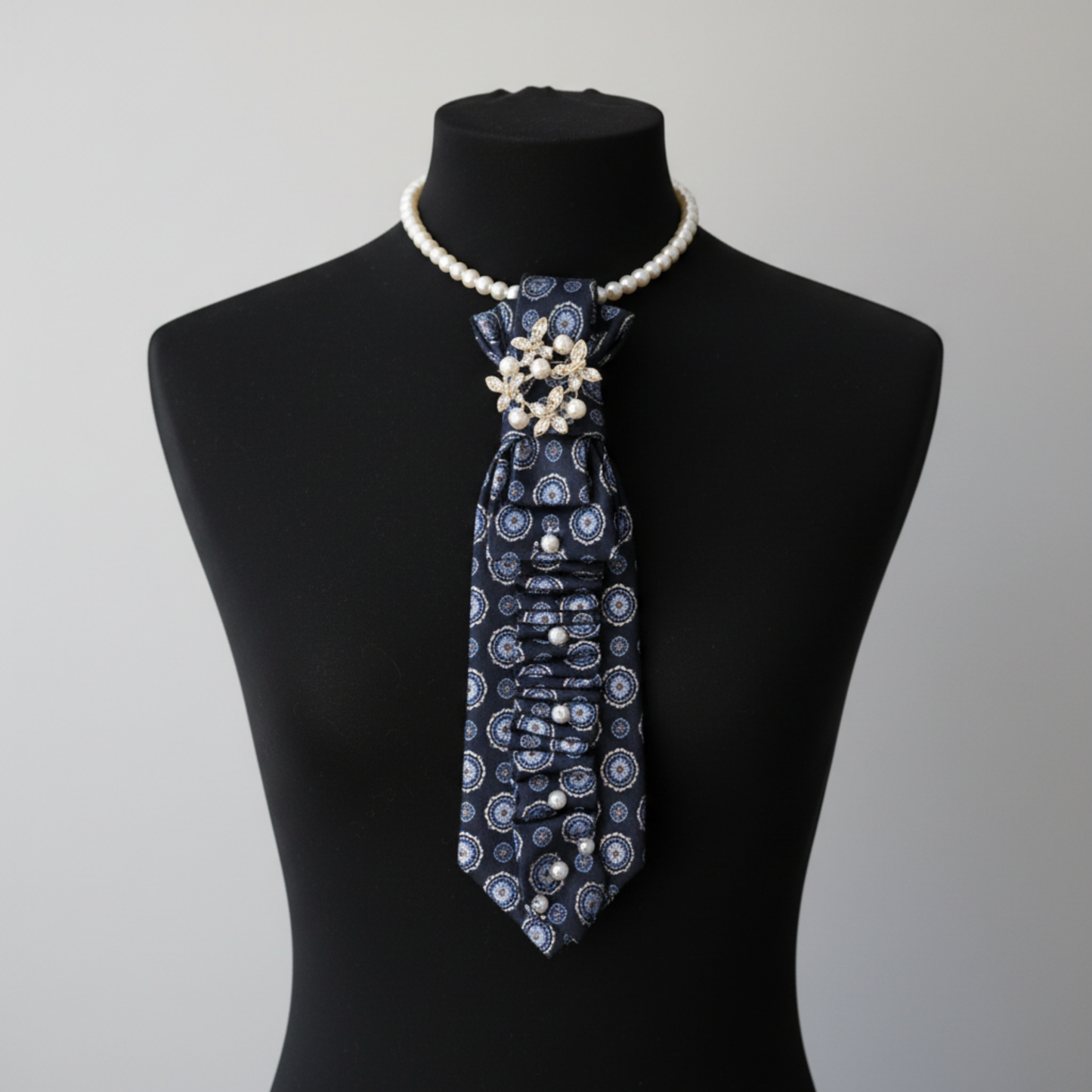 Navy Pearl Tie Necklace | Pearl Cluster Brooch