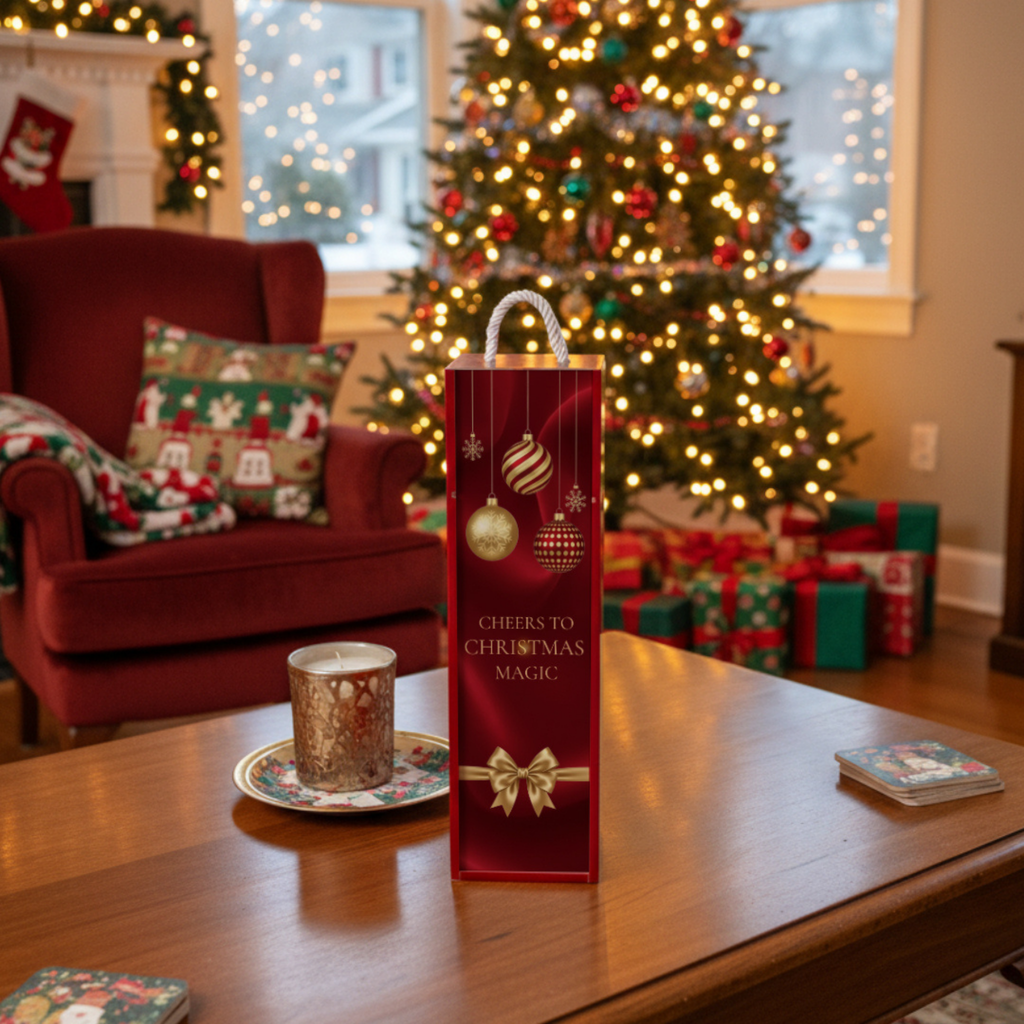 Christmas Wine Box | Festive Wooden Wine Gift Box for Holiday Gifting