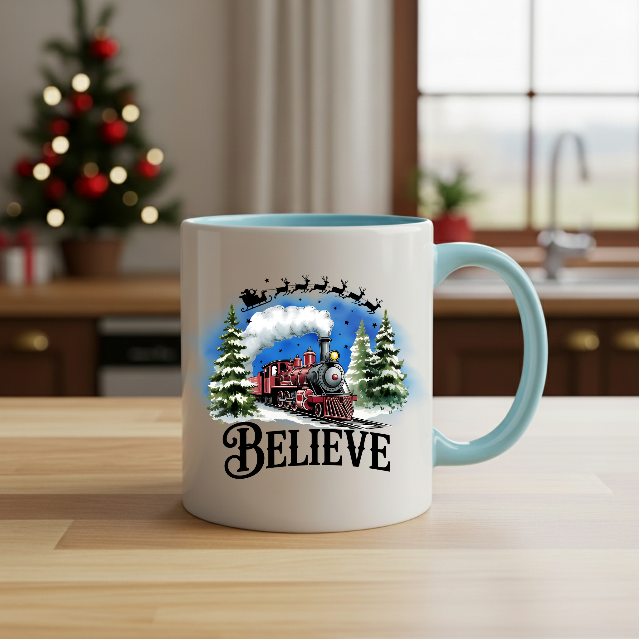 Christmas Mug and Coaster Set Believe Holiday Train Design Gift Set
