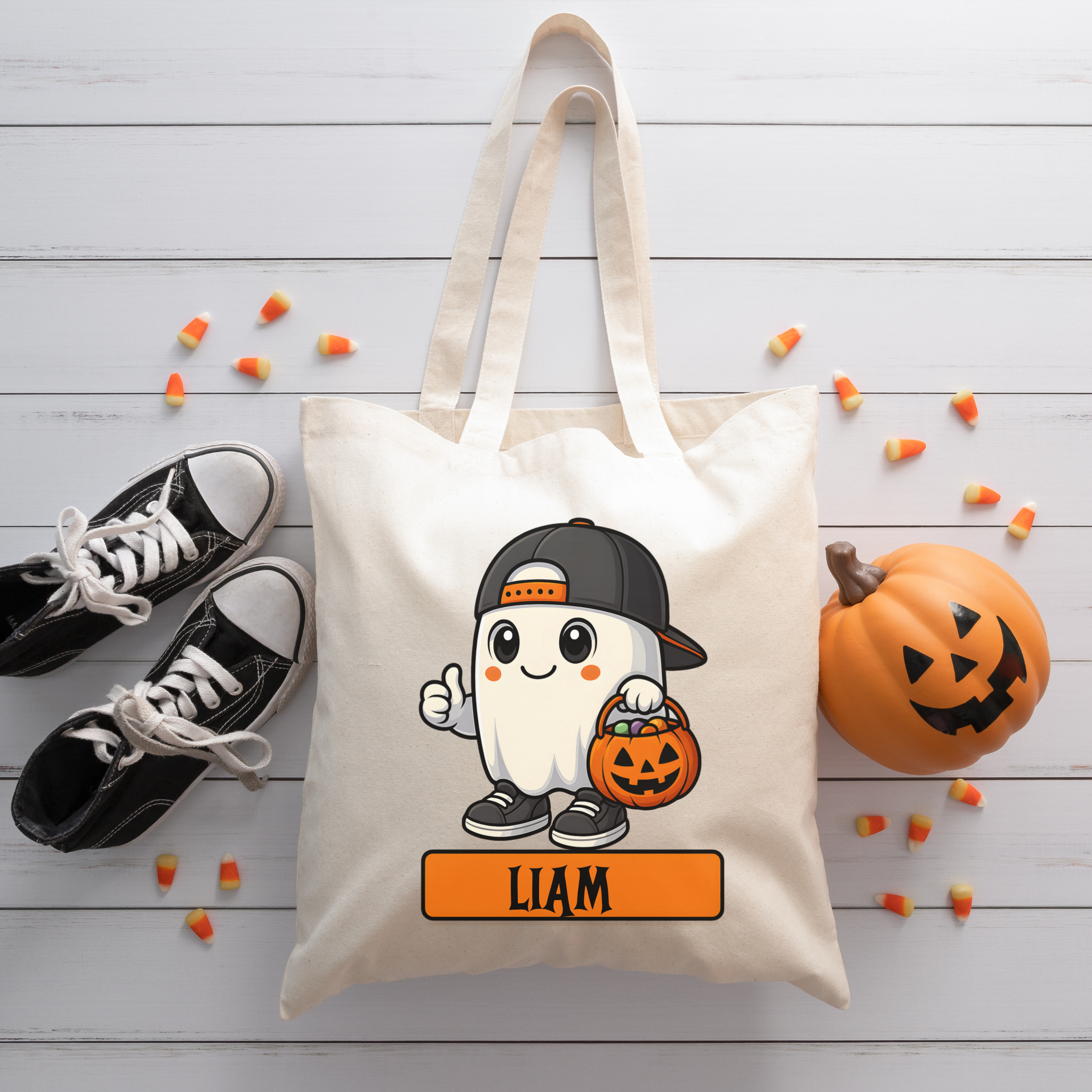 Personalized Halloween Tote Bag – Custom Trick or Treat Candy Bag for Kids | Cute Ghost Pumpkin Design with Name
