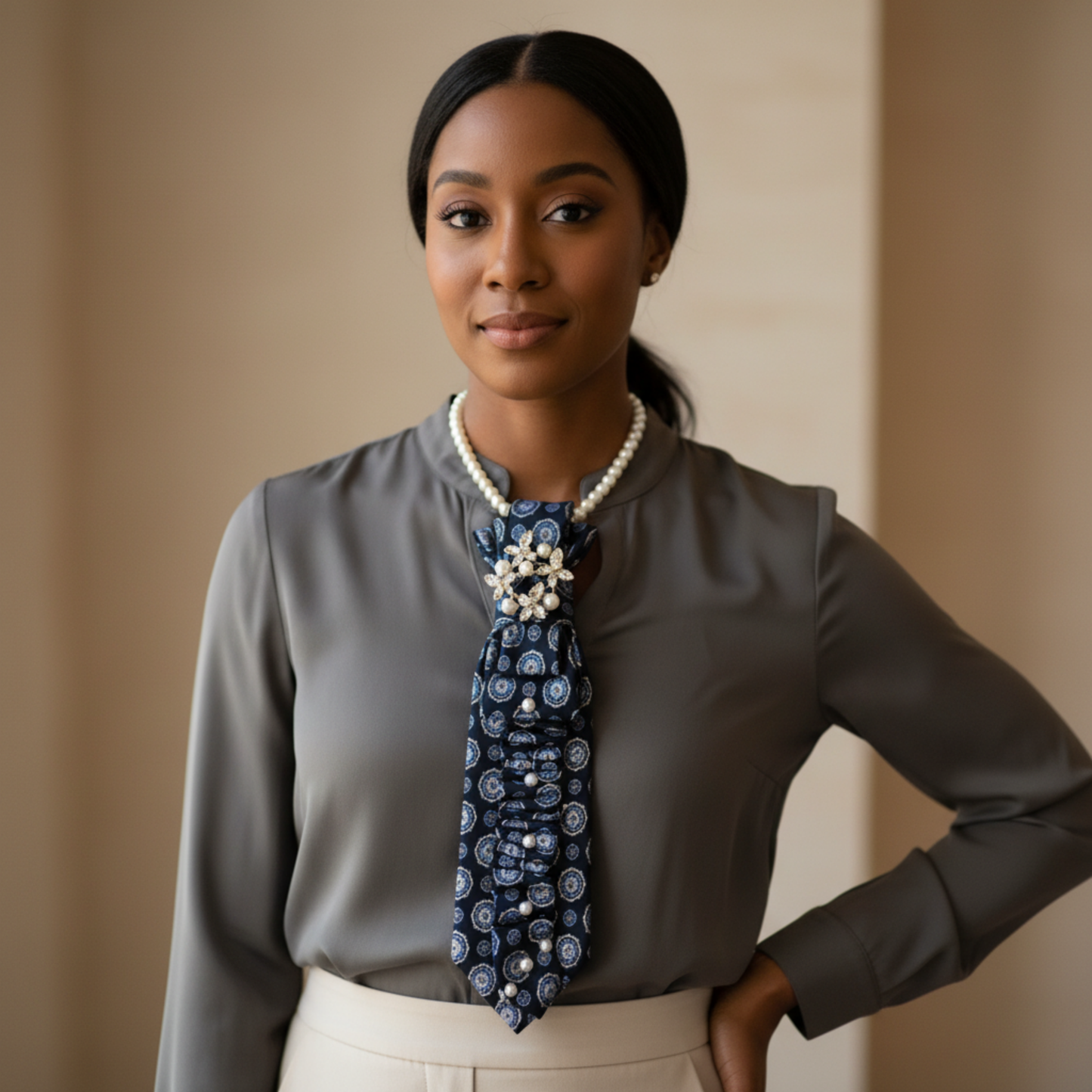Navy Pearl Tie Necklace | Pearl Cluster Brooch