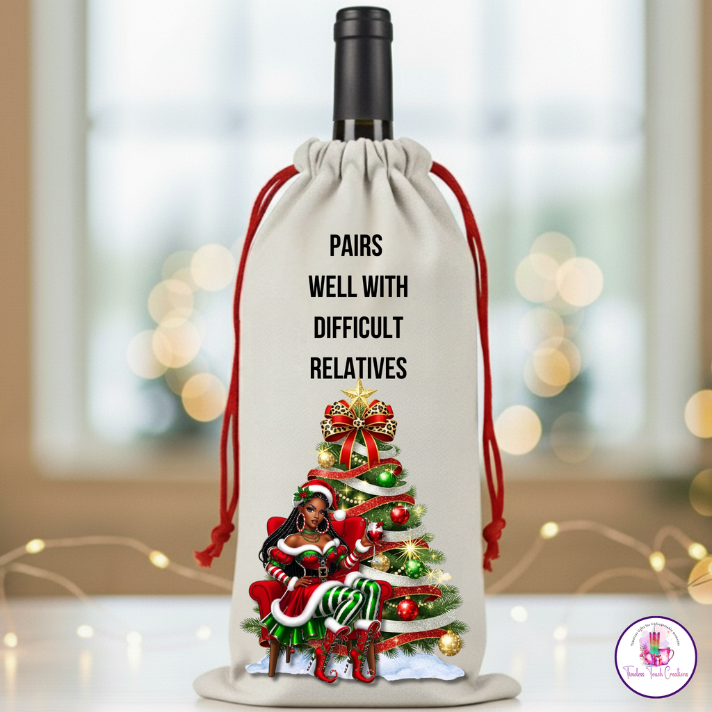 Christmas Wine Gift Bag – Holiday Santa and Festive Designs, Reusable Drawstring Wine Bottle Holder, Perfect for Gifting and Parties