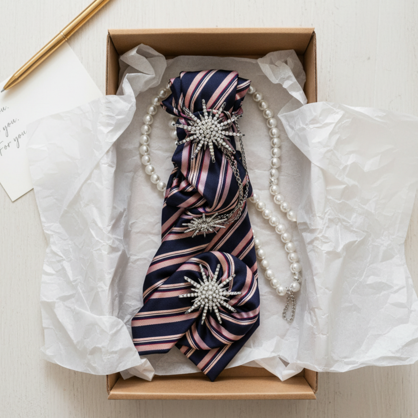 Navy Blush Tie Necklace | Starburst Crystal Brooch