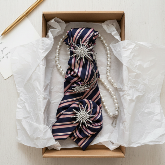 Navy Blush Tie Necklace | Starburst Crystal Brooch