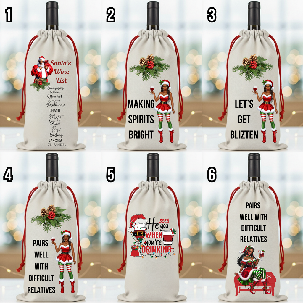 Christmas Wine Gift Bag – Holiday Santa and Festive Designs, Reusable Drawstring Wine Bottle Holder, Perfect for Gifting and Parties