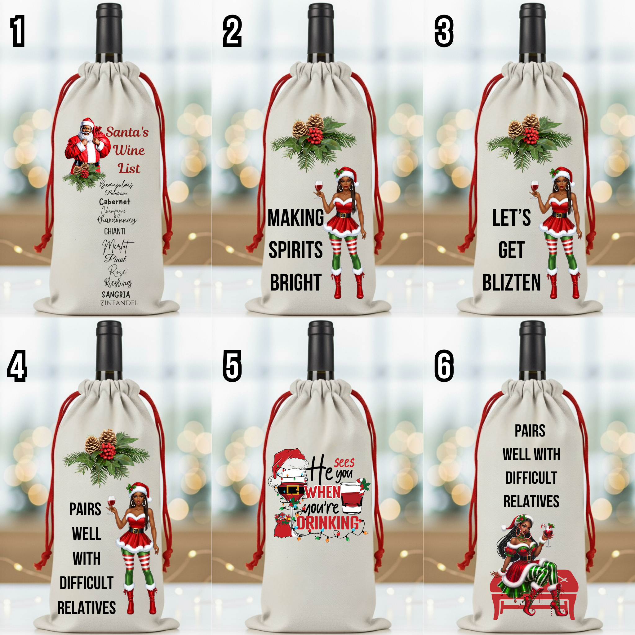 Christmas Wine Gift Bag – Holiday Santa and Festive Designs, Reusable Drawstring Wine Bottle Holder, Perfect for Gifting and Parties