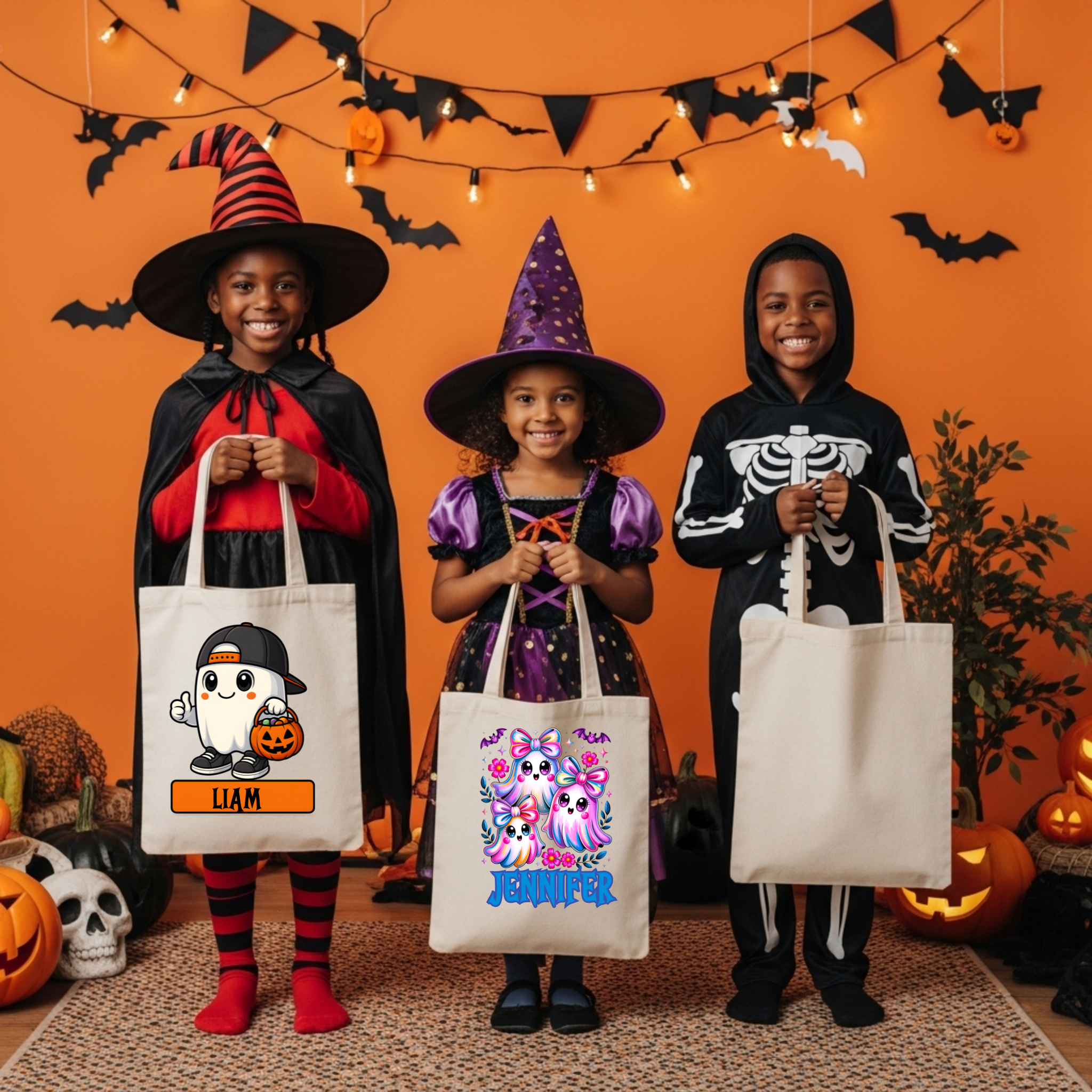 Personalized Halloween Tote Bag – Custom Trick or Treat Candy Bag for Kids | Cute Ghost Pumpkin Design with Name