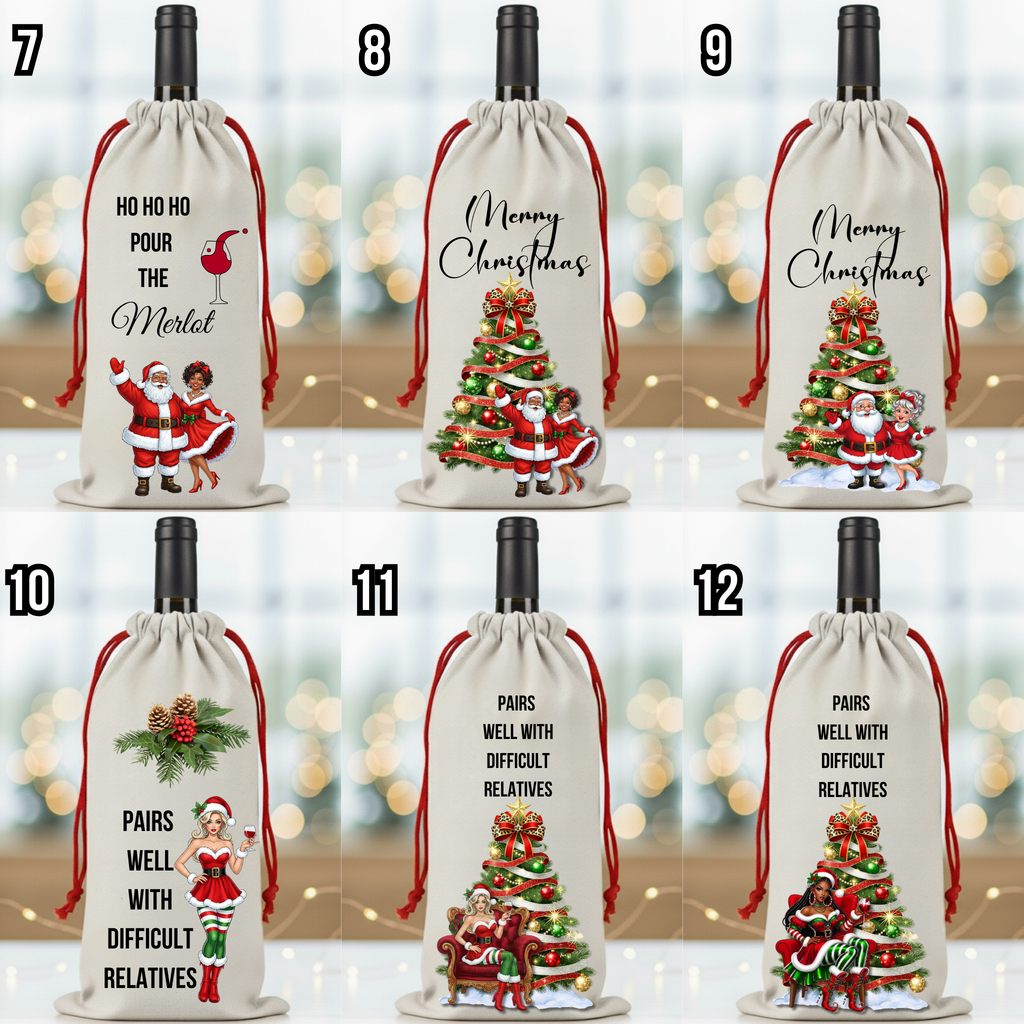 Christmas Wine Gift Bag – Holiday Santa and Festive Designs, Reusable Drawstring Wine Bottle Holder, Perfect for Gifting and Parties
