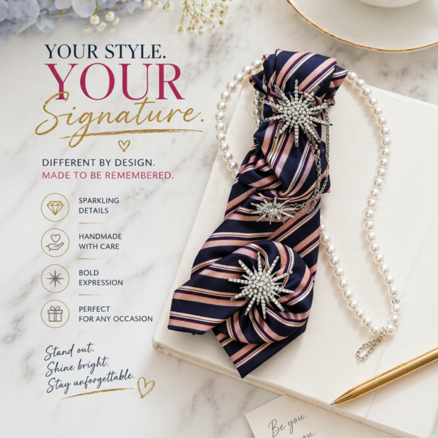 Navy Blush Tie Necklace | Starburst Crystal Brooch