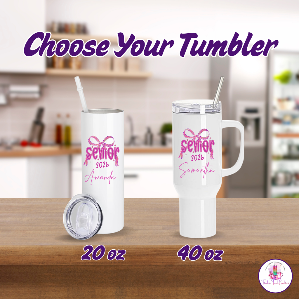 Personalized Senior 2026 Tumbler, 40 oz & 20 oz Coquette Bow Cup with Handle, Class of 2026 Graduation Gift for High School Seniors, Girls, Back to School, or Senior Night