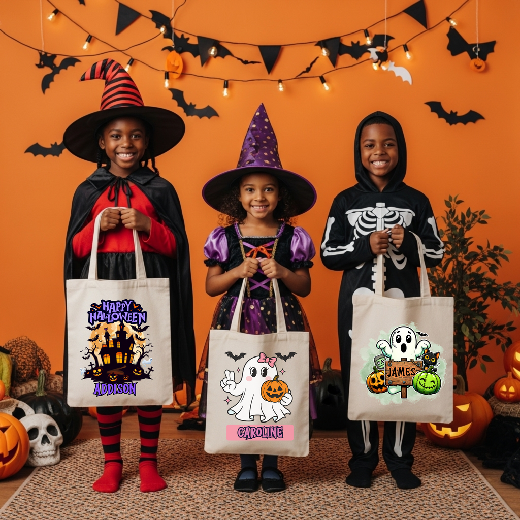 Personalized Halloween Tote Bag – Custom Trick or Treat Candy Bag for Kids | Cute Ghost Pumpkin Design with Name