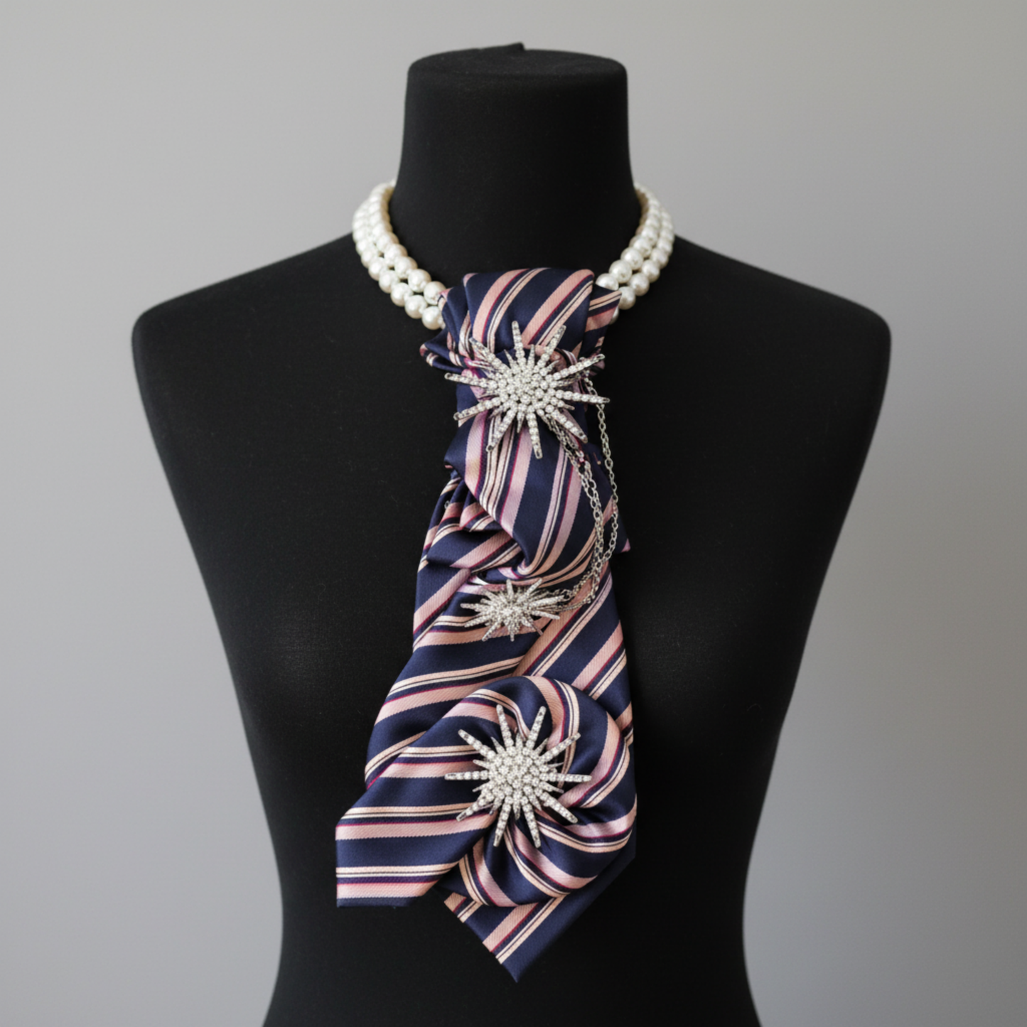 Navy Blush Tie Necklace | Starburst Crystal Brooch