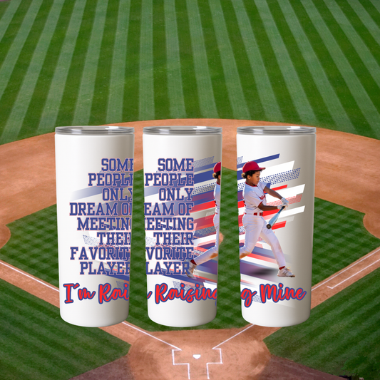 Personalized Baseball Mom Tumbler with Custom Child Photo and Name – I’m Raising Mine Design