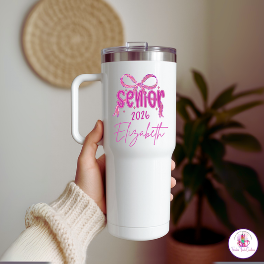 Personalized Senior 2026 Tumbler, 40 oz & 20 oz Coquette Bow Cup with Handle, Class of 2026 Graduation Gift for High School Seniors, Girls, Back to School, or Senior Night