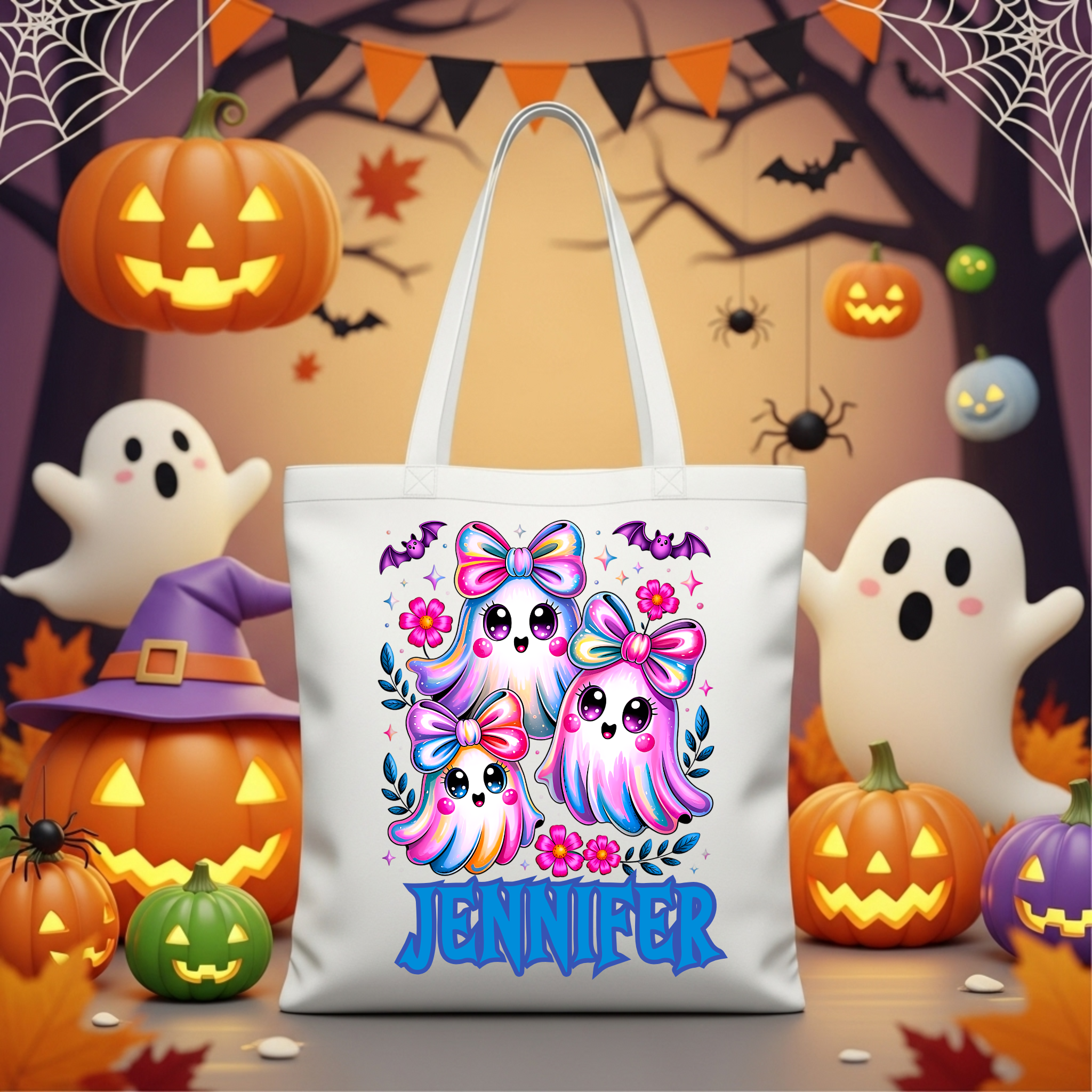 Personalized Halloween Tote Bag – Custom Trick or Treat Candy Bag for Kids | Cute Ghost Pumpkin Design with Name