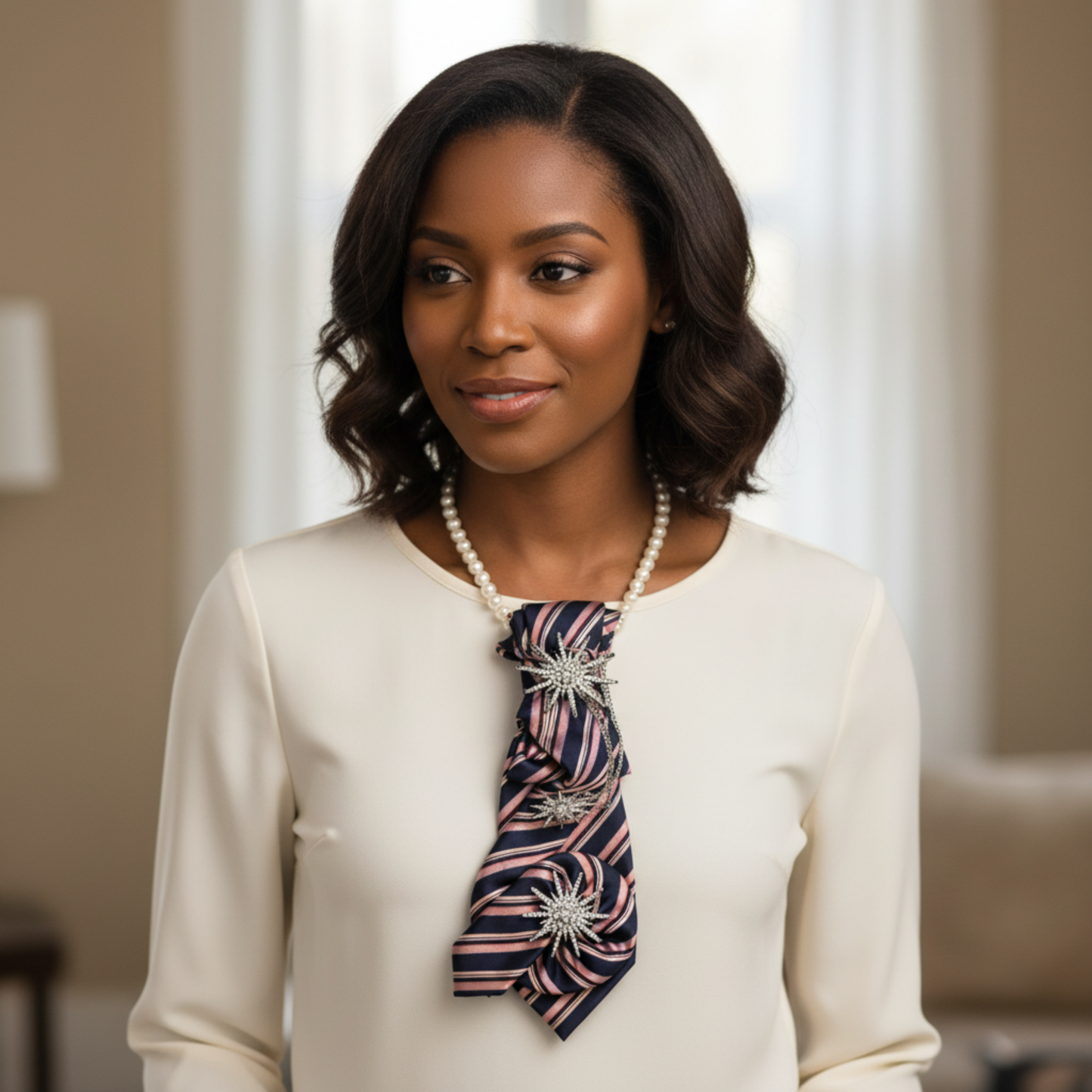 Navy Blush Tie Necklace | Starburst Crystal Brooch