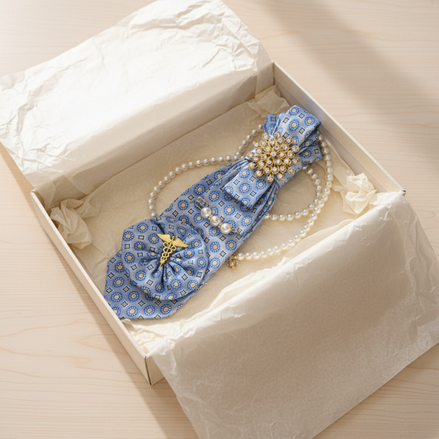 Blue Medallion Tie Necklace | Gold Sunflower Brooch