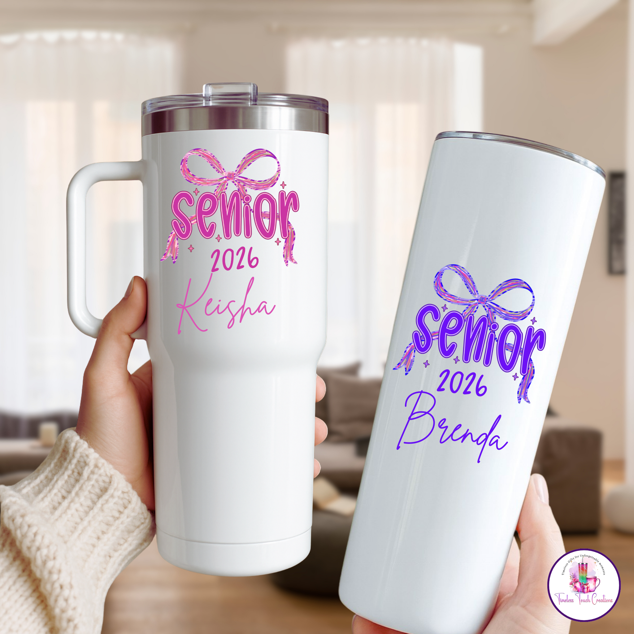 Personalized Senior 2026 Tumbler, 40 oz & 20 oz Coquette Bow Cup with Handle, Class of 2026 Graduation Gift for High School Seniors, Girls, Back to School, or Senior Night