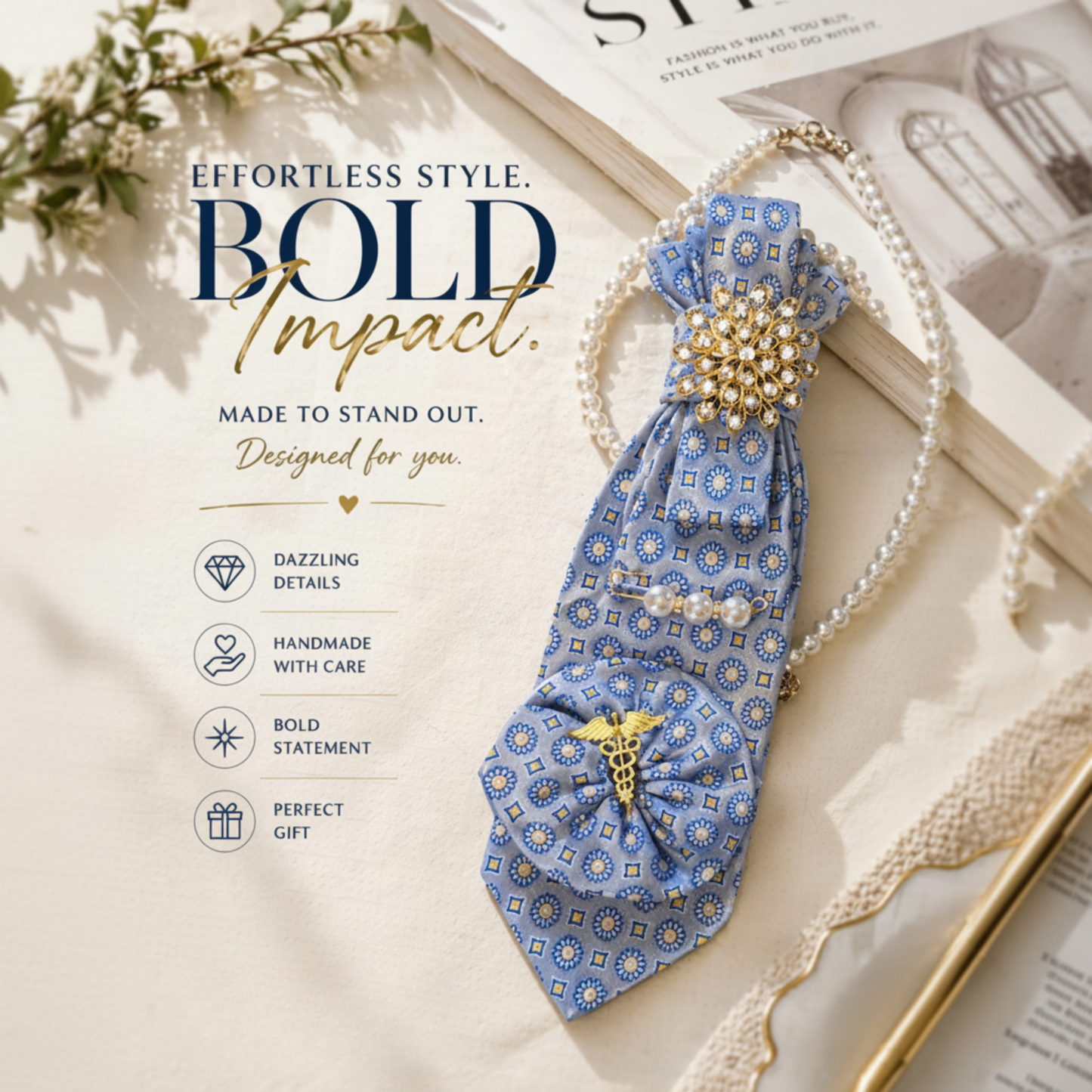 Blue Medallion Tie Necklace | Gold Sunflower Brooch