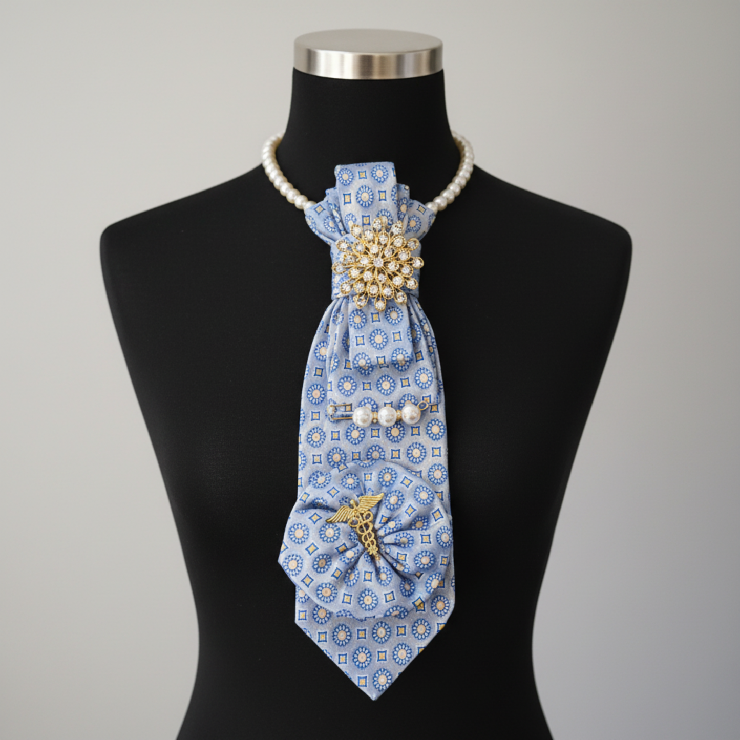 Blue Medallion Tie Necklace | Gold Sunflower Brooch