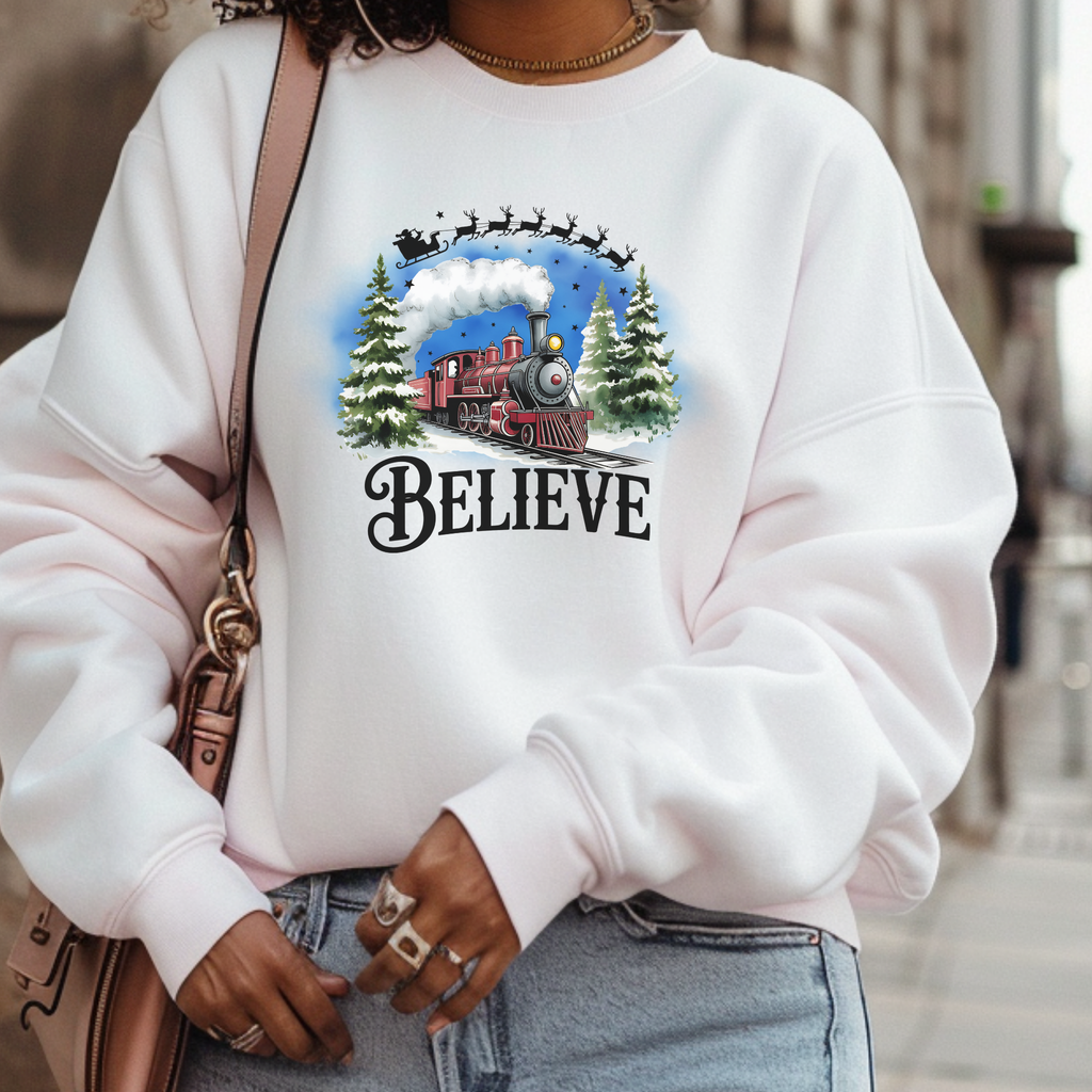 Believe Christmas Train Shirt and Sweatshirt | Personalized Holiday Gift for Women Men Kids