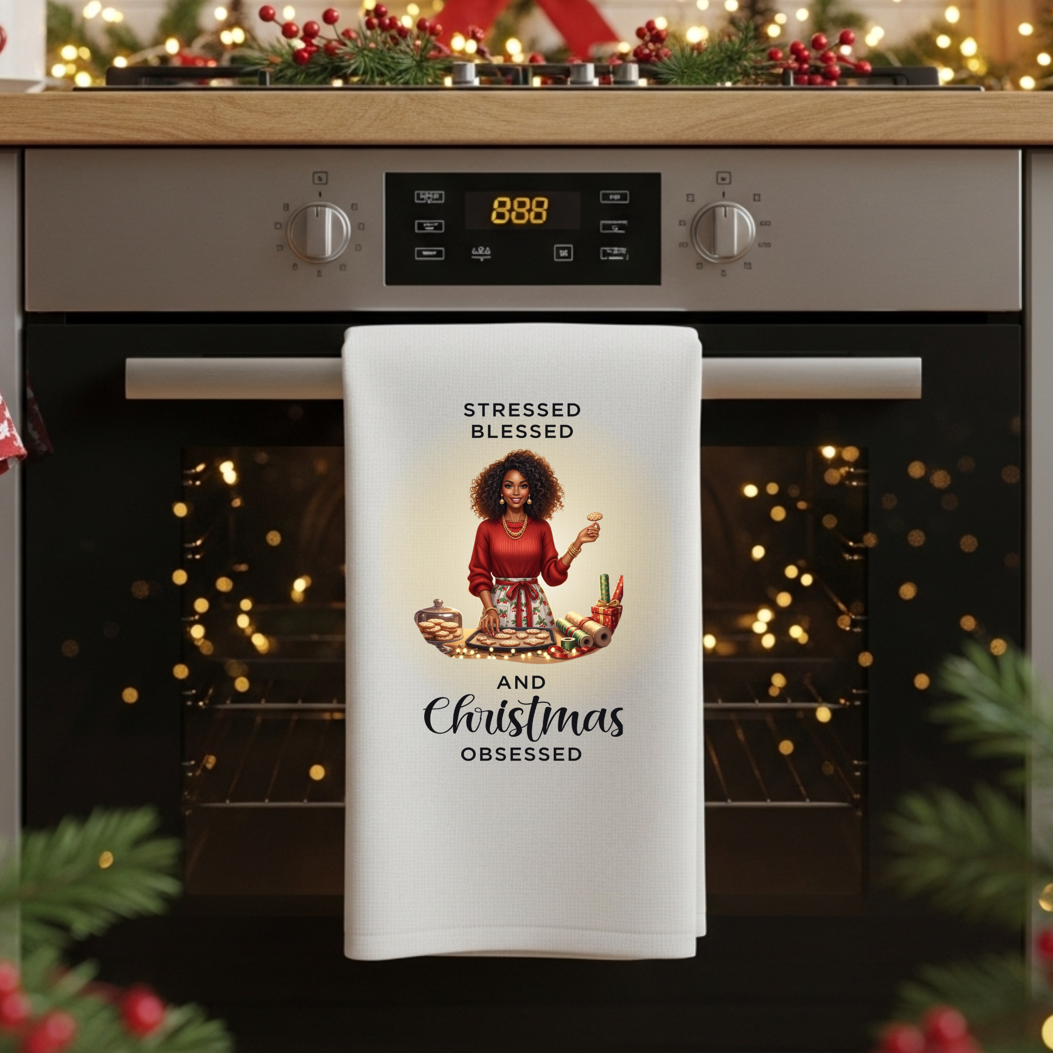 Christmas Kitchen Towel, “Stressed Blessed and Christmas Obsessed” Holiday Dish Towel