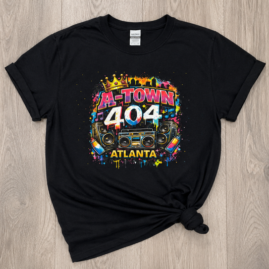 A-Town 404 Atlanta Rhinestone T-Shirt | Atlanta Graphic Tee Hip Hop Boombox Crown Shirt
