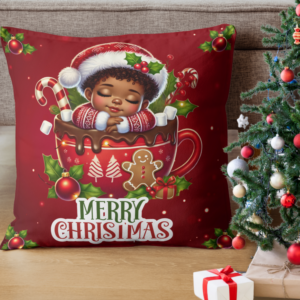 African American Christmas Throw Pillowcase with Baby in Santa Hat,  Perfect Holiday Decor