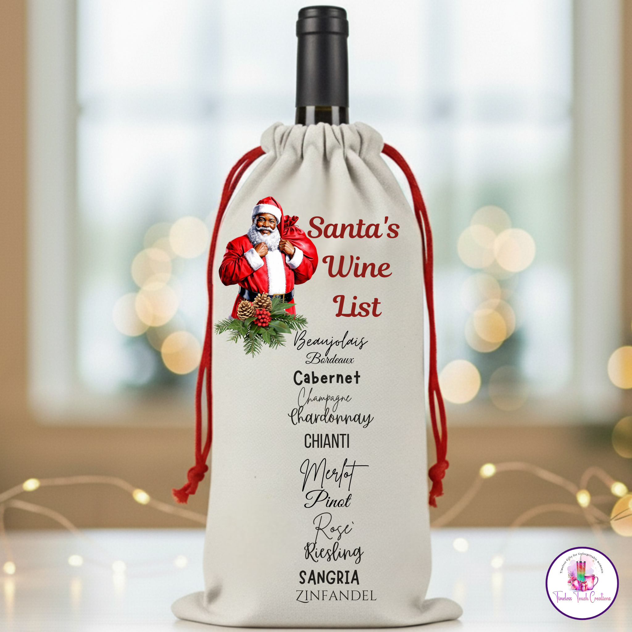 Christmas Wine Gift Bag – Holiday Santa and Festive Designs, Reusable Drawstring Wine Bottle Holder, Perfect for Gifting and Parties